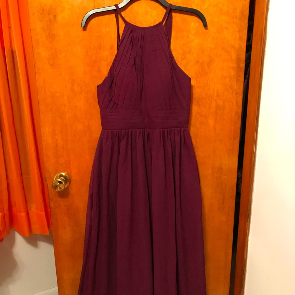 Brand new, never worn Noras long chiffon halter bridesmaid dress in plum, size 4